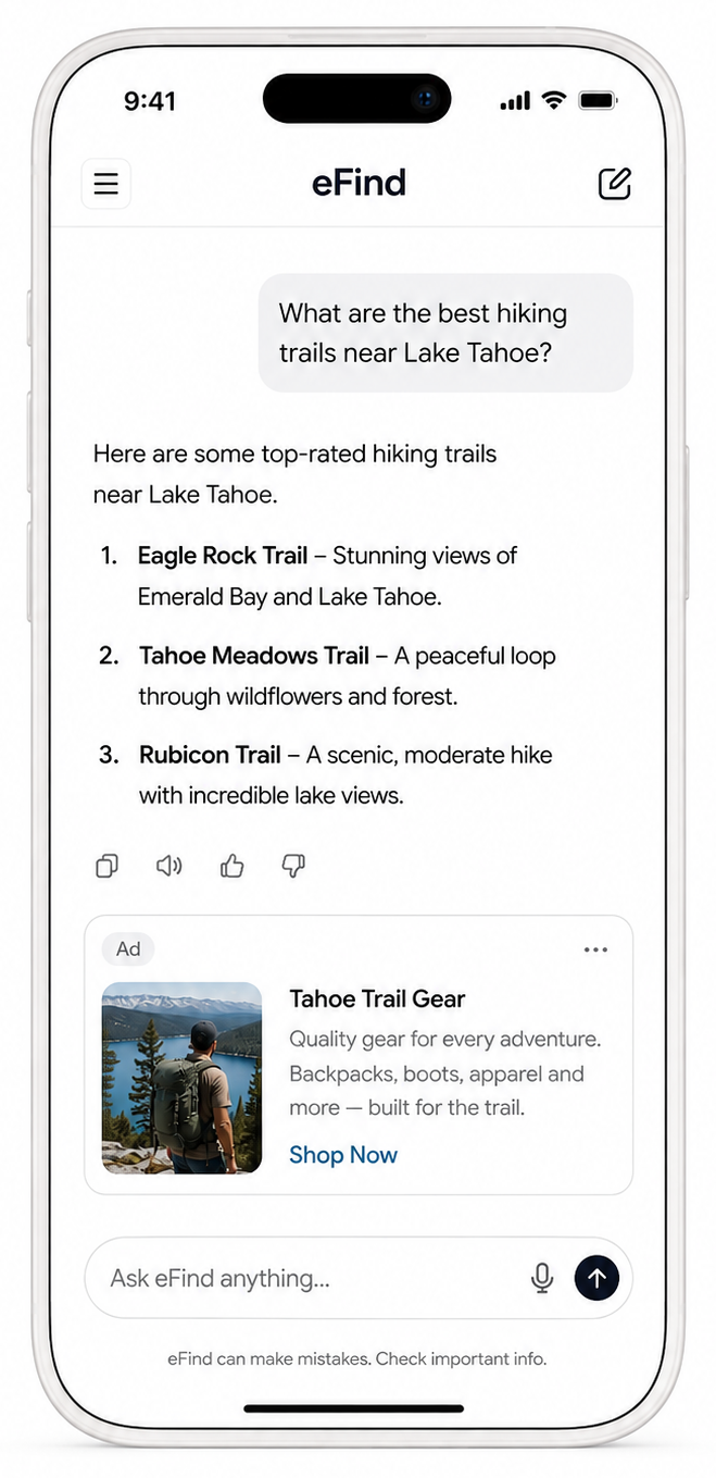 eFind on a phone answering a question about Lake Tahoe hiking trails, with a Tahoe Trail Gear ad shown beneath the answer
