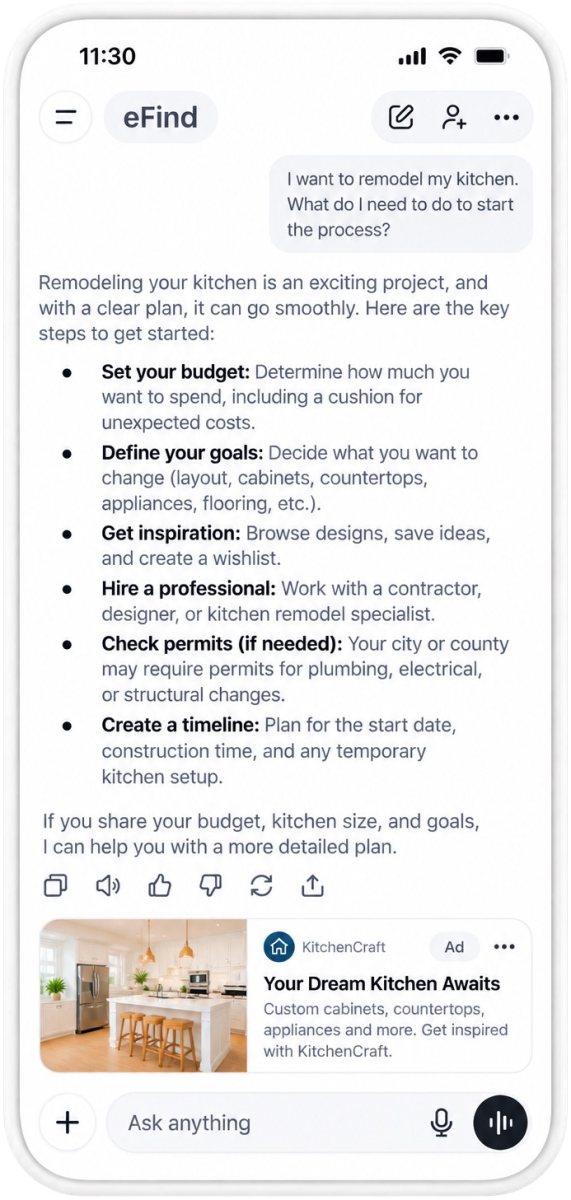 eFind on a phone answering a question about how to start a kitchen remodel, with a KitchenCraft ad shown beneath the answer