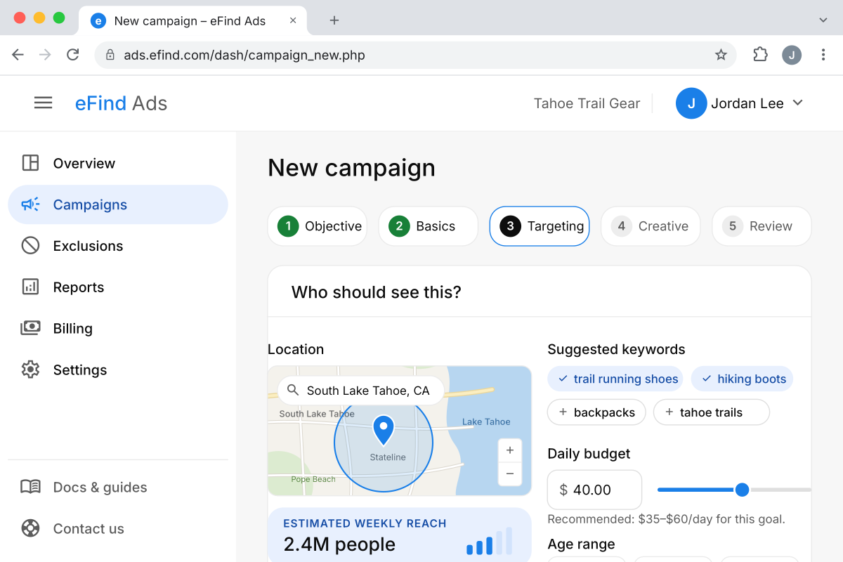 Audience and budget screen with a map, suggested keywords, budget slider, and estimated reach