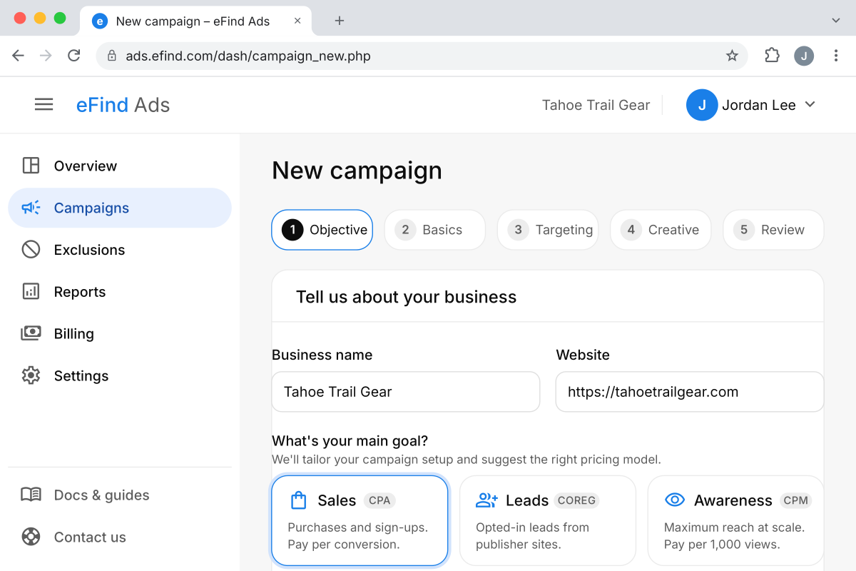 Campaign setup screen in a browser with business details and a selected Sales goal
